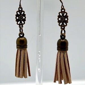 Tan Suede Tassel Brass Decorative Earrings.
